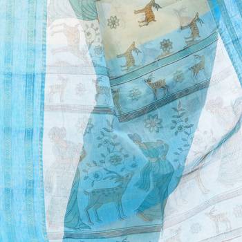 Aqua Blue Printed Cotton Saree Without Blouse 4