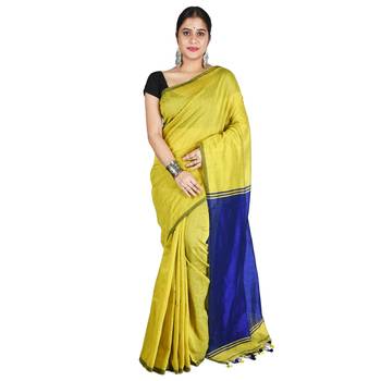 Olive plain cotton silk saree with blouse 1