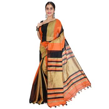 Multicolor plain cotton silk saree with blouse 3