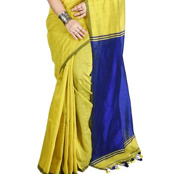 Olive plain cotton silk saree with blouse 4