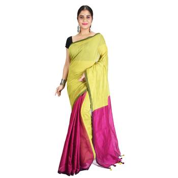 Yellow plain cotton silk saree with blouse 1