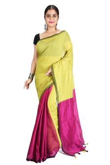 Yellow plain cotton silk saree with blouse