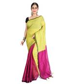Yellow plain cotton silk saree with blouse