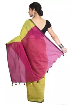Yellow plain cotton silk saree with blouse