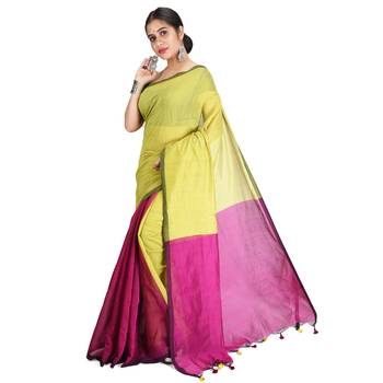 Yellow plain cotton silk saree with blouse 3