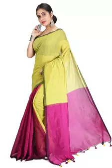 Yellow plain cotton silk saree with blouse