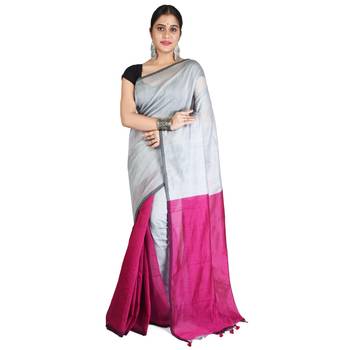 Pink plain cotton silk saree with blouse 1