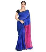 Blue plain cotton silk saree with blouse