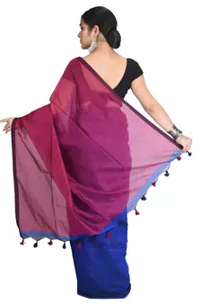 Blue plain cotton silk saree with blouse