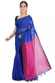 Blue plain cotton silk saree with blouse