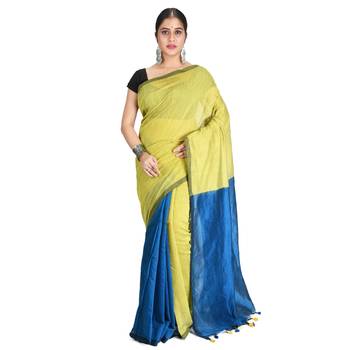 Yellow plain cotton silk saree with blouse 1