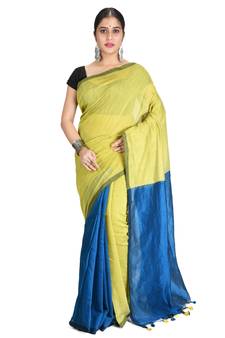 Yellow plain cotton silk saree with blouse