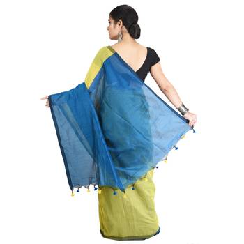 Yellow plain cotton silk saree with blouse 2