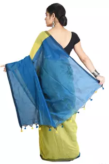 Yellow plain cotton silk saree with blouse