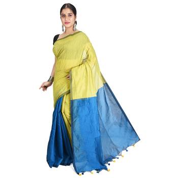 Yellow plain cotton silk saree with blouse 3