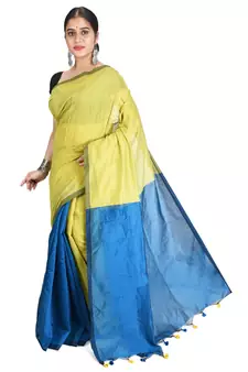 Yellow plain cotton silk saree with blouse