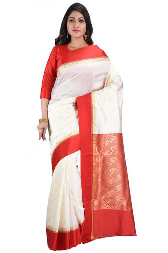 White embroidered art silk saree with blouse