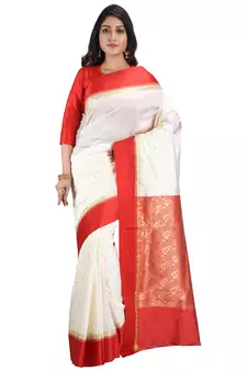 White embroidered art silk saree with blouse