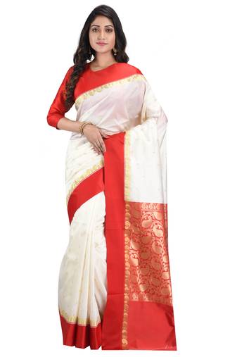 White embroidered art silk saree with blouse
