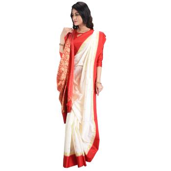 White embroidered art silk saree with blouse 3