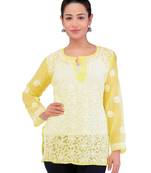 Lavangi Women Lucknowi Chikankari Georgette Short Top (Yellow)