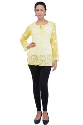 Lavangi Women Lucknowi Chikankari Georgette Short Top (Yellow) 2