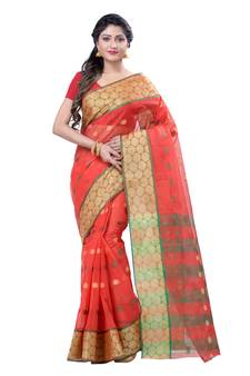 Red hand woven cotton saree 