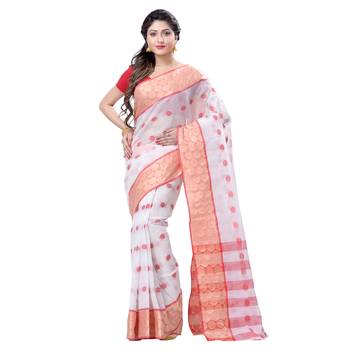 White Hand Woven Cotton Saree Without Blouse 1