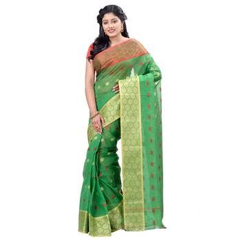 Green Hand Woven Cotton Saree Without Blouse 1