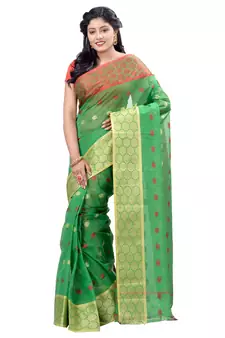 Green hand woven cotton saree 