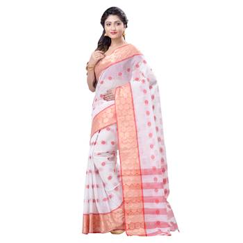 White Hand Woven Cotton Saree Without Blouse 3