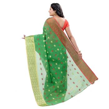 Green Hand Woven Cotton Saree Without Blouse 2