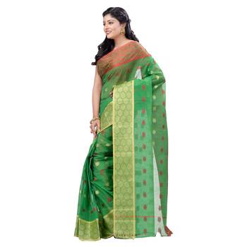 Green Hand Woven Cotton Saree Without Blouse 3