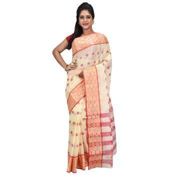 Cream Hand Woven Cotton Saree Without Blouse 1