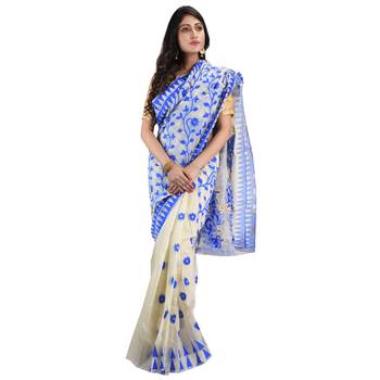 Blue hand woven khadi saree with blouse 3