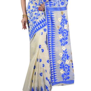 Blue hand woven khadi saree with blouse 4