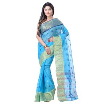Blue Hand Woven Cotton Saree Without Blouse 1