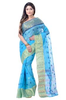 Blue Hand Woven Cotton Saree Without Blouse