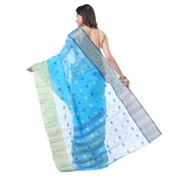 Blue Hand Woven Cotton Saree Without Blouse 2