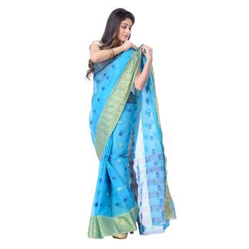 Blue Hand Woven Cotton Saree Without Blouse 3