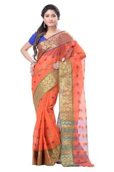 Orange Hand Woven Cotton Saree Without Blouse