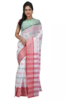 White hand woven cotton saree 