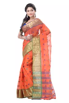 Orange Hand Woven Cotton Saree Without Blouse