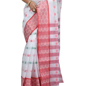 White Hand Woven Cotton Saree Without Blouse 4