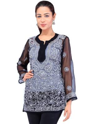 Lavangi Women Lucknowi Chikankari Georgette Short Top (Black) 1