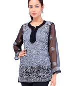 Lavangi Women Lucknowi Chikankari Georgette Short Top (Black)