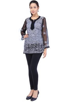 Lavangi Women Lucknowi Chikankari Georgette Short Top (Black) 2