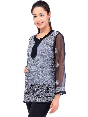 Lavangi Women Lucknowi Chikankari Georgette Short Top (Black) 3