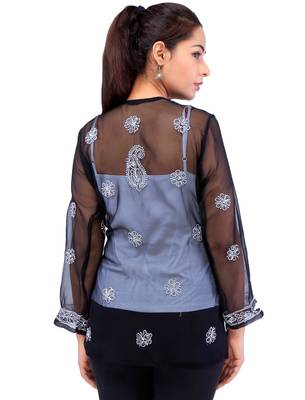 Lavangi Women Lucknowi Chikankari Georgette Short Top (Black) 4