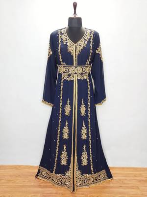 Navy blue Moroccan Kaftan With Sun-proof hijab 1